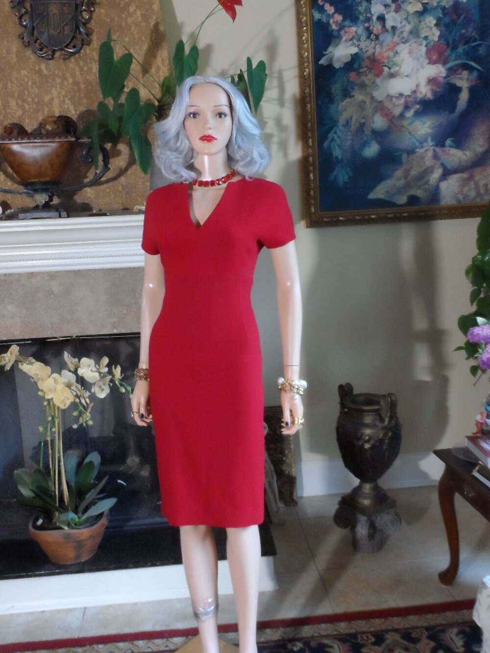 Agnona Red Virgin Wool V-Neck Short Sleeve Sheath Dress Size IT 40 US 4